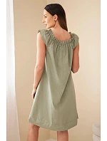 Dámské bavlněné šaty s nařaseným výstřihem a volánem khaki