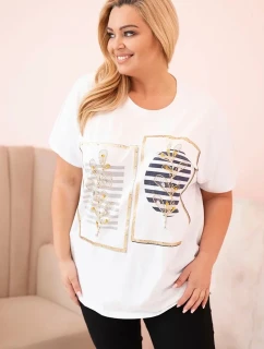 Dámská bavlněná halenka Plus Size s kamínky bílá + tmavě modrá