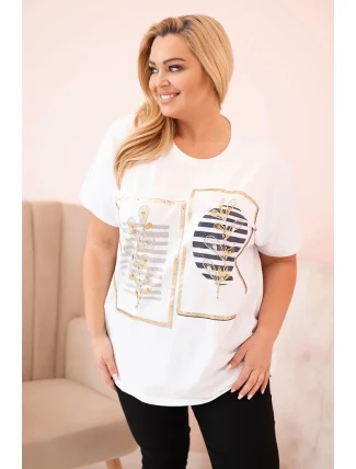 Dámská bavlněná halenka Plus Size s kamínky bílá + tmavě modrá Dámská bavlněná halenka Plus Size s kamínky bílá + tmavě modrá