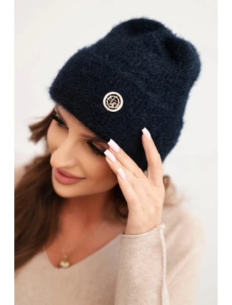 Dámská zimní čepice huňatá s ozdobným knoflíkem modrá