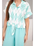 Komplet dámský viskózový košile s vázáním a kalhoty s gumou mátová