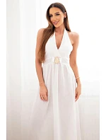 Dámské viskózové maxi šaty vázané za krk s ozdobnou přezkou ecru Dámské viskózové maxi šaty vázané za krk s ozdobnou přezkou ecru