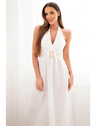 Dámské viskózové maxi šaty vázané za krk s ozdobnou přezkou ecru Dámské viskózové maxi šaty vázané za krk s ozdobnou přezkou ecru