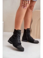 Ozdobené botky na plochém podpatku eko semišové zateplené černé Ellieo