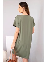 Dámské viskózové šaty s krátkým rukávem a ozdobným potiskem khaki