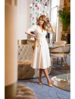 S404 Úpletové šaty s vázacím páskem - ecru barva