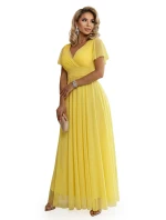 562-8 NASTIA Dlouhé šaty s výstřihem, kosticemi a krátkými rukávy - lemon limoncello