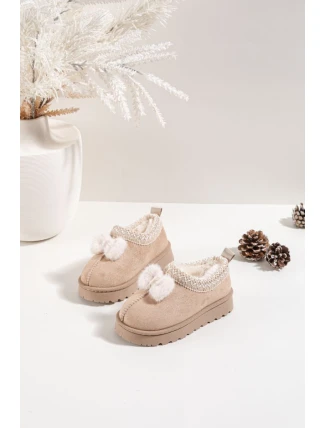 Dětské sněhule s výšivkou a mašličkou Daven – béžové