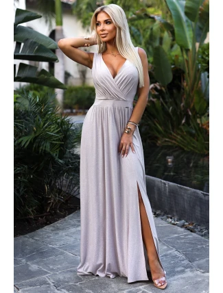 467-2 LOUISE dlouhé šaty s výstřihem a rozparkem na nohou - béžové s třpytkami