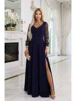 640-3 LORETTA jedinečné dlouhé šaty s tylovými rukávy a výstřihem - tmavě modré 640-3 LORETTA jedinečné dlouhé šaty s tylovými rukávy a výstřihem - tmavě modré