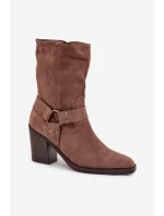 Dámské boty zateplené na podpatku s pásky a ozdobným detailem hnědé Neria