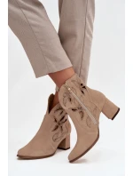 Semišové perforované dámské kotníkové boty na podpatek Zazoo 3647 béžové