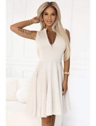 573-3 Exkluzivní šaty s rozšířeným spodním dílem a zlatým zipem - béžové 573-3 Exkluzivní šaty s rozšířeným spodním dílem a zlatým zipem - béžové
