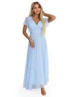 635-6 MELANIA dlouhé třpytivé svatební šaty s výstřihem a krátkými rukávy - modré