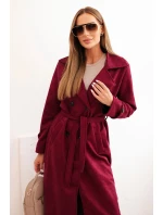 Dámský semišový plášť v pase vázaný s límcem a knoflíky bordový Dámský semišový plášť v pase vázaný s límcem a knoflíky bordový