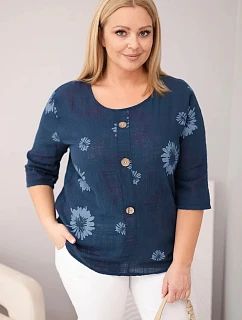 Dámská bavlněná halenka Plus Size s krátkým rukávem a knoflíky džínová