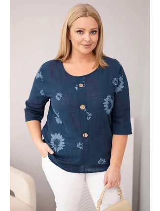 Dámská bavlněná halenka Plus Size s krátkým rukávem a knoflíky džínová