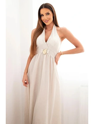 Dámské maxi šaty z viskózy vázané u krku s ozdobnou sponou béžová