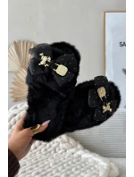 Kožešinové dámské pantofle s mašlí a zlatým zdobením Černé Nolara