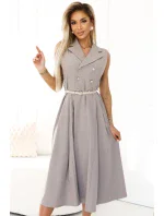 596-2 Elegantní midi košilka se zlatými knoflíky a páskem - GREY BEige 596-2 Elegantní midi košilka se zlatými knoflíky a páskem - GREY BEige