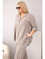 Dámský mušelínový komplet Plus Size s košilí zapínanou na knoflíky a kalhotami se širokými nohavicemi fango