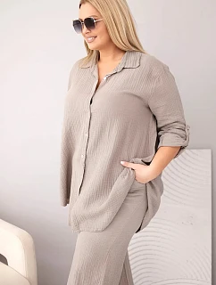 Dámský mušelínový komplet Plus Size s košilí zapínanou na knoflíky a kalhotami se širokými nohavicemi fango