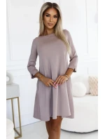 579-1 Klasické trapézové šaty s černým páskem - béžové