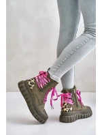 Dámské botky na platformě s ozdobným šněrováním leopardí zelené Edidda