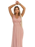 637-7 Dlouhé maxi šaty s brokátovým akcentem a hlubokým výstřihem - pudrově růžové