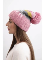 Dámská zimní čepice s vlnou a nápisem s velkým bambulí K422 tmavě pudrově růžová