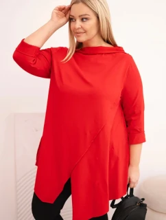Dámská bavlněná blůza Plus Size asymetrická s ohrnutým rukávem červená