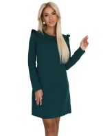 264-2 NELL Elegantní trapézové šaty s volánky na ramenou - lahvově zelené