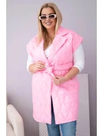 Dámská vesta Plus Size prošívaná s páskem a límcem světle růžová
