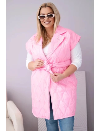 Dámská vesta Plus Size prošívaná s páskem a límcem světle růžová