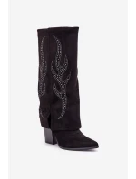 Zdobené kozačky s ohrnutým svrškem na podpatku černé Ivilta