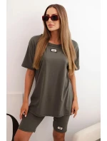 Dámský bavlněný komplet s krátkým rukávem a šortkami khaki