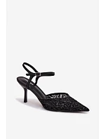 Dámské síťované sandály na podpatku s lesklým zdobením Černé Laria