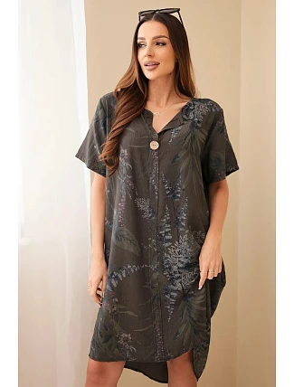 Dámské viskózové šaty Plus Size s krátkým rukávem a výstřihem na knoflíky hnědá
