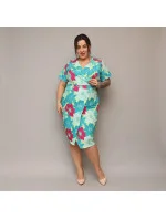 Zeleno-fuchsijové přeložené obálkové dámské květované šaty v délce ke kolenům (742) Zeleno-fuchsijové přeložené obálkové dámské květované šaty v délce ke kolenům (742)