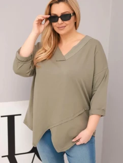 Dámská bavlněná blůza Plus Size s hlubokým výstřihem ve tvaru V a asymetrickým spodním okrajem khaki