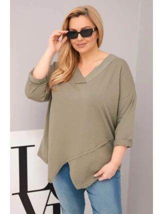 Dámská bavlněná blůza Plus Size s hlubokým výstřihem ve tvaru V a asymetrickým spodním okrajem khaki