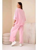 Dámský set viskózový máslový s širokou nohavicí a volnou blůzou světle růžový