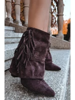 Dámské kotníkové boty na podpatku s třásněmi a zlatými přezkami čokoládové Evelisse