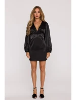 M888 Saténové mini šaty s nadýchanými rukávy - černé