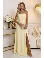 663-3 ELARA korzetové maxi šaty s rozparkem a zavazováním na zádech - máslově žluté