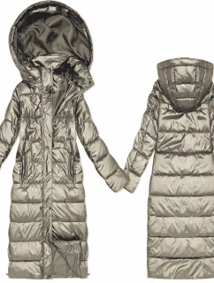 Tmavě béžová dlouhá prošívaná bunda pro přechodné období s kapucí (T3-2629#-62)