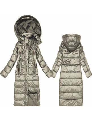 Tmavě béžová dlouhá prošívaná bunda pro přechodné období s kapucí (T3-2629#-62)