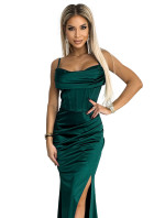 Maxi dlouhé saténové šaty s ramínky Numoco KORSET - lahvově zelené
