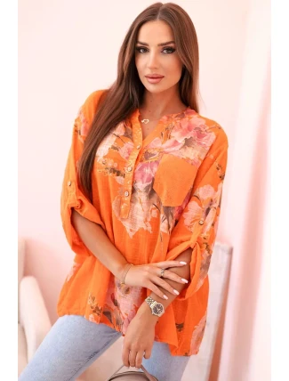 Dámská blůza z bavlny s květinovým vzorem a knoflíky - oranžová