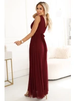 637-1 Večerní dlouhé šaty s brokátovým akcentem a hlubokým výstřihem - bordó